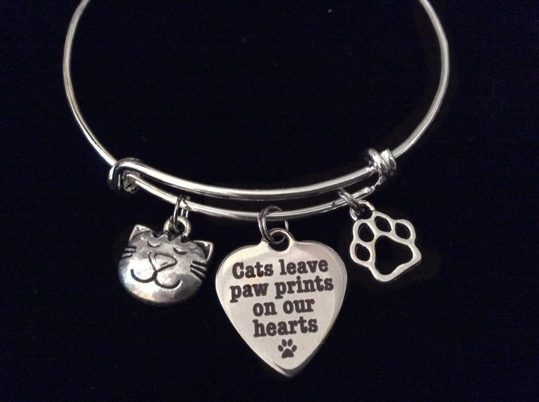 Cats Leave Paw Prints on our Heart Charm on a Silver Expandable Adjustable Wire Bangle Bracelet Meaningful Gift Animal Lover Gift