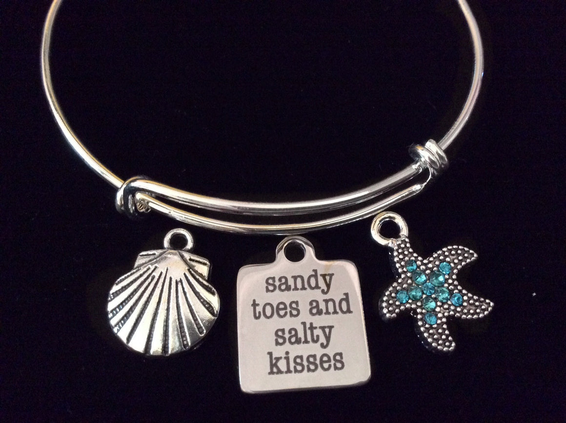 Sandy Toes and Salty Kisses Shell Colorful Blue Starfish Silver Expandable Adjustable Wire Bangle Bracelet Ocean Nautical Gift