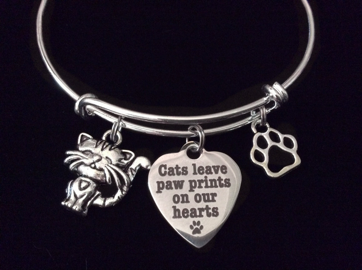Cats Leave Paw Prints on our Heart Charm Silver Expandable Adjustable Wire Bangle Bracelet Meaningful Gift Animal Lover Gift