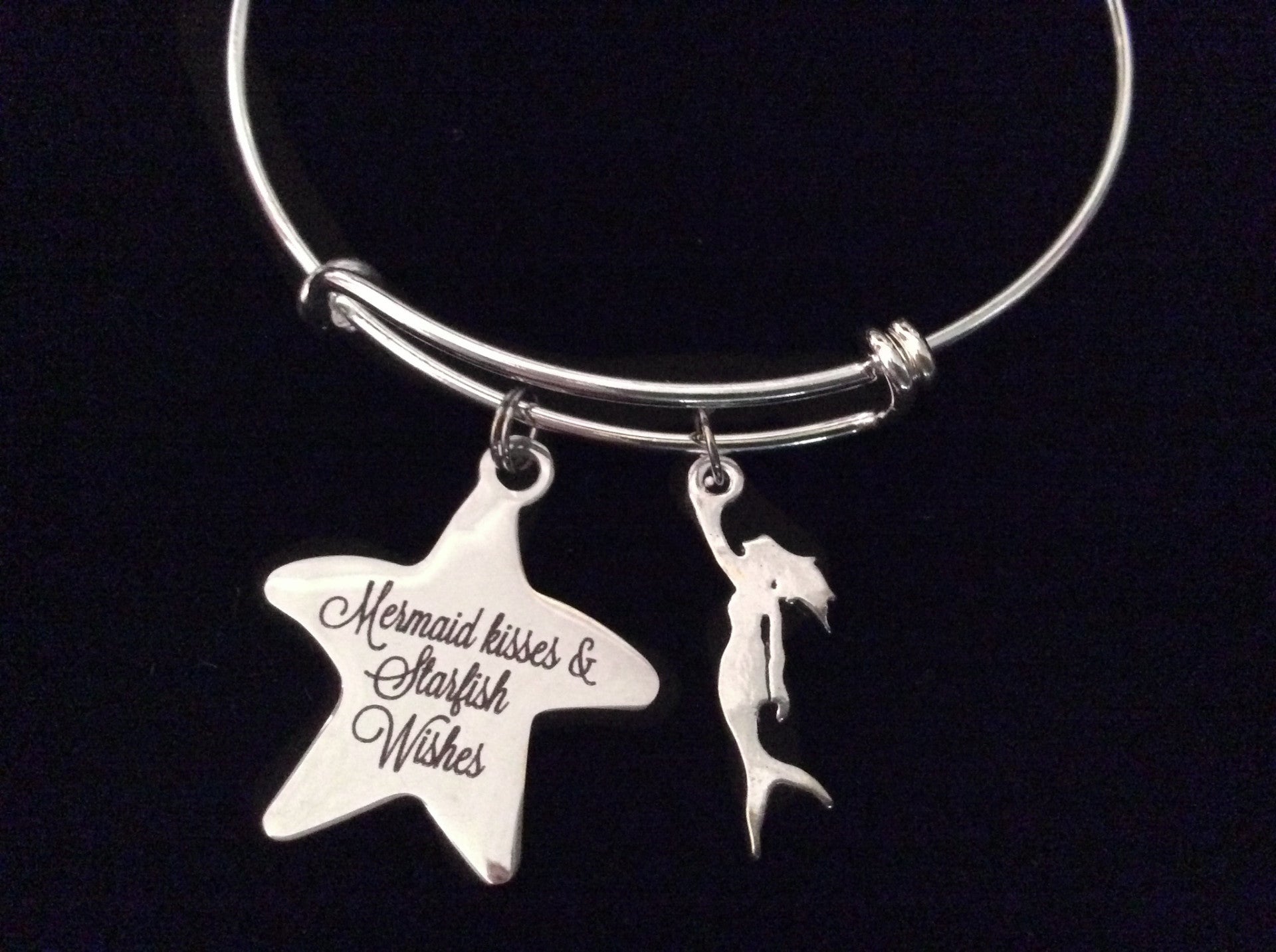 Mermaid Kisses Starfish Wishes Silver Expandable Charm Bracelet Adjustable Bangle Nautical Trendy Meaningful Inspirational