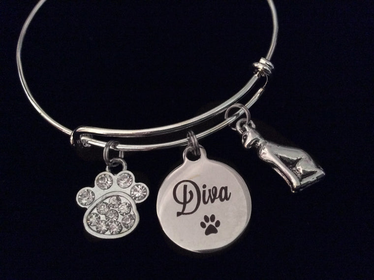 Diva Cat Silver Expandable Charm Bracelet Adjustable Wire Bangle Meaningful Gift Animal Lover Gift