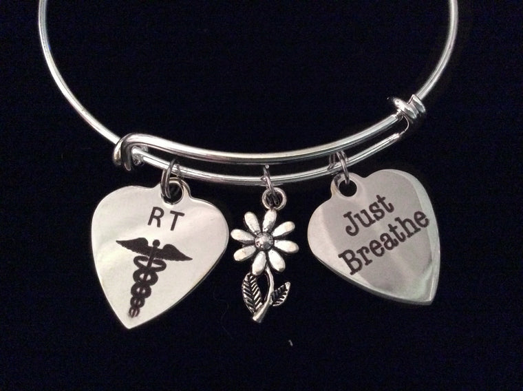 Respiratory Therapist Just Breathe RT Expandable Silver Charm Bracelet Bangle Medical Occupational Charm Trendy