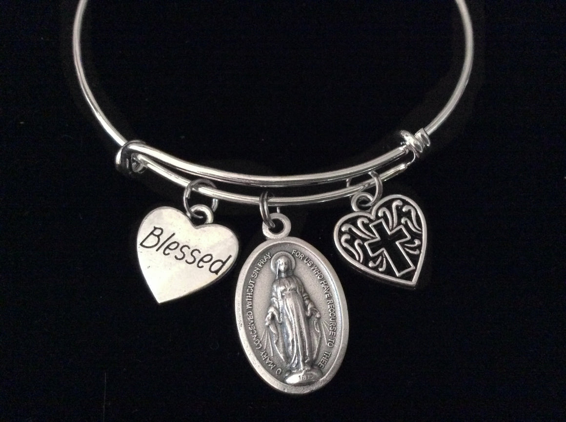 Blessed Miraculous Virgin Mary Filigree Heart Cross Silver Expandable Charm Bracelet Adjustable Bangle