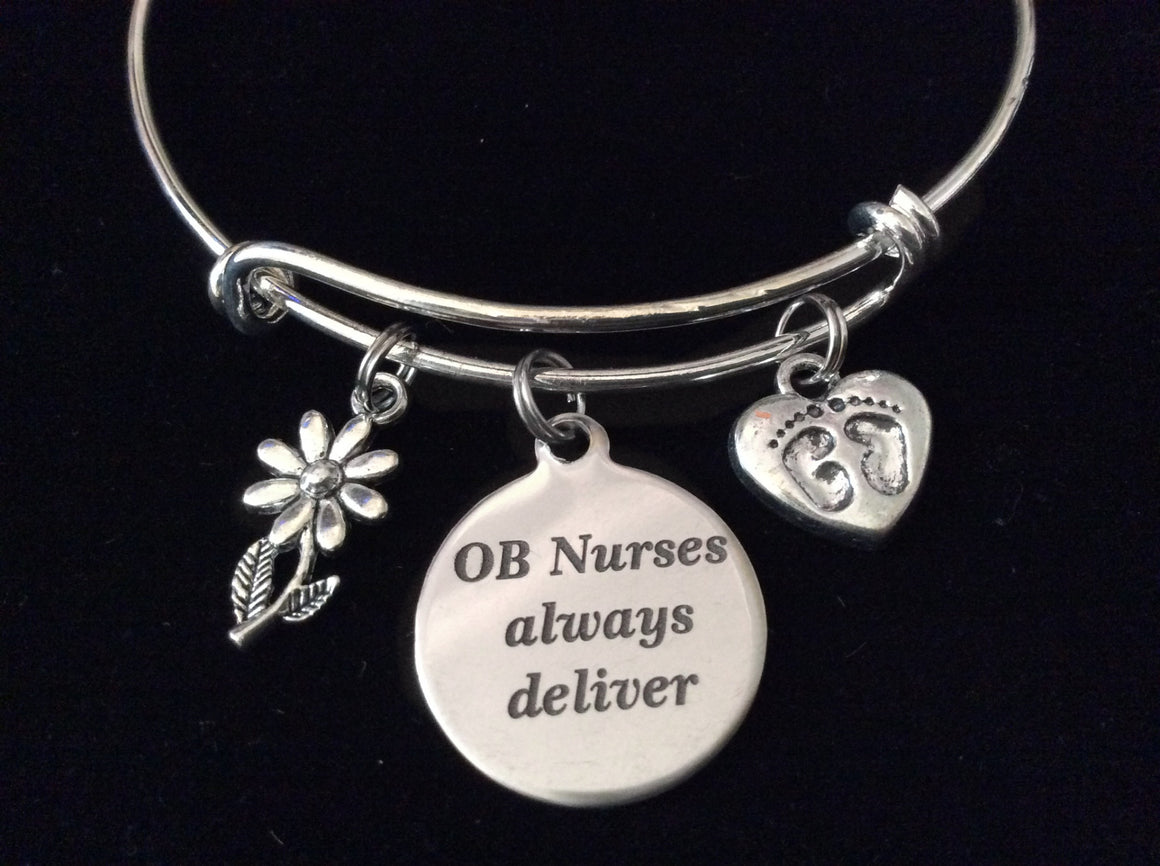 OB Nurses Always Deliver Baby Feet Silver Expandable Charm Bracelet Adjustable Bangle RN Medical Gift