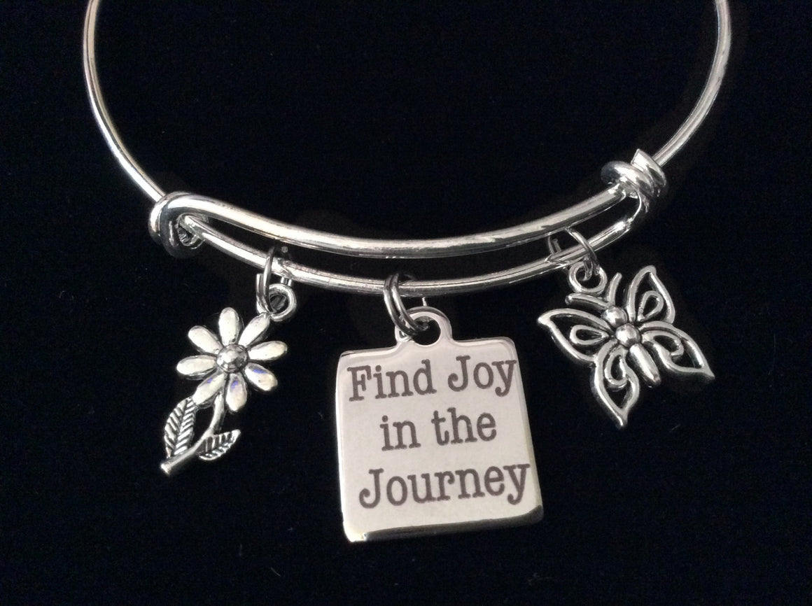 Find Joy in the Journey Butterfly Daisy Silver Expandable Charm Bracelet Adjustable Bangle Gift