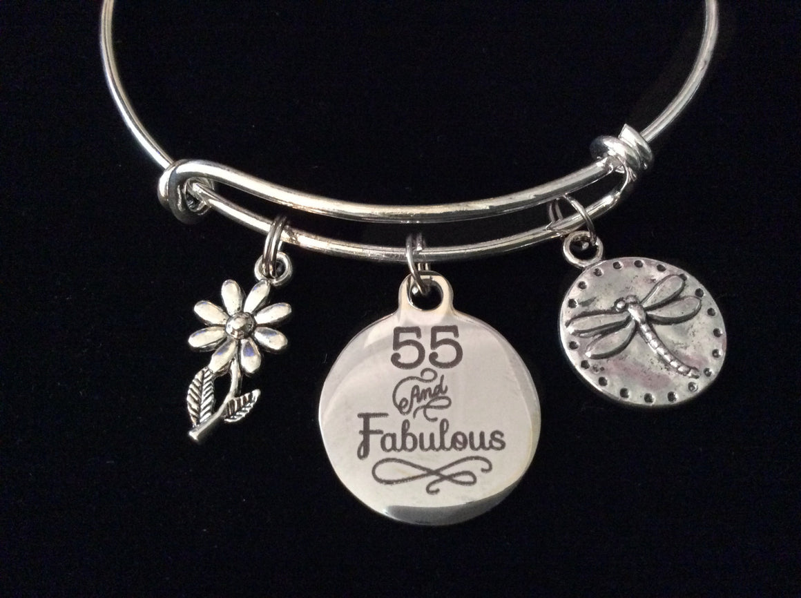 55 and Fabulous 55th Happy Birthday Silver Expandable Charm Bracelet Adjustable Bangle Gift