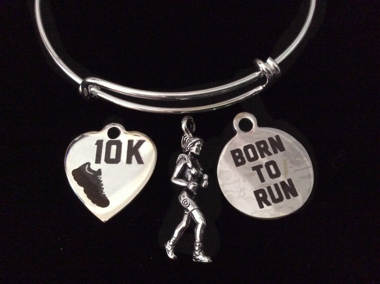 Born to Run 10K Silver Expandable Charm Bracelet Adjustable Wire Bangle Trendy Marathon Runner Gift