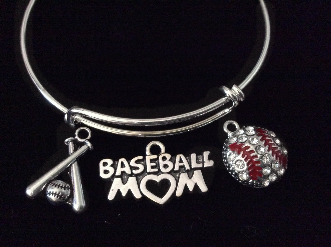 Crystal Baseball Mom Silver Expandable Charm Bracelet Adjustable Bangle Sports Team Gift