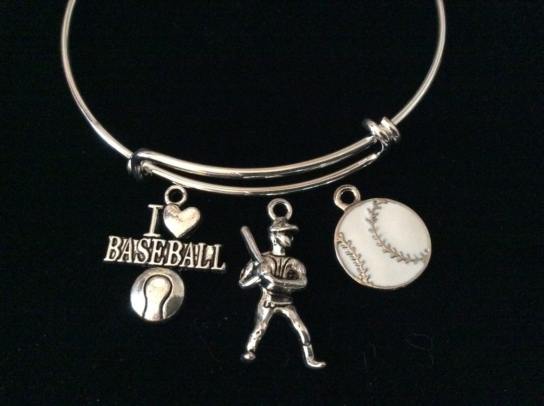 I Love Baseball Silver Expandable Charm Bracelet Adjustable Bangle Batter Sports Team Gift