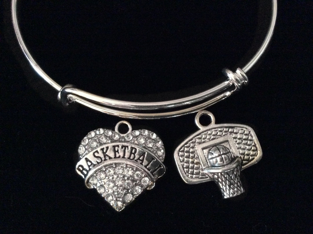 Crystal Heart Basketball Hoop Charm Silver Expandable Charm Bracelet Sports Gift Adjustable Bangle