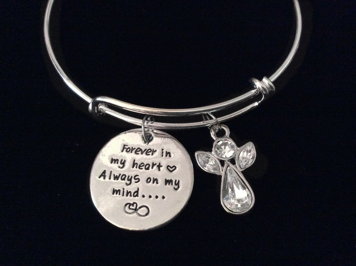 Crystal Guardian Angel Forever in My Heart Always On My Mind Silver Expandable Charm Bracelet Adjustable Wire Bangle Gift