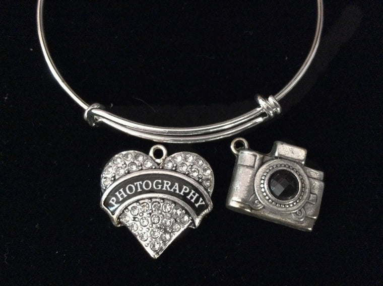 Photography Crystal Heart 3D Camera Expandable Charm Bracelet Silver Adjustable Wire Bangle Trendy Gift