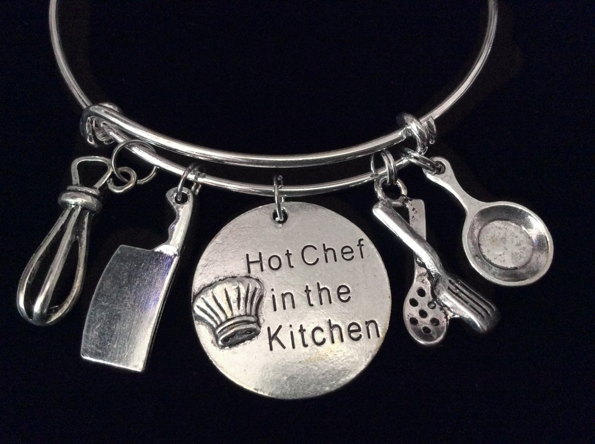 Hot Chef in the Kitchen Silver Expandable Charm Bracelet Adjustable Bangle Hostess Cook Gift Cooking