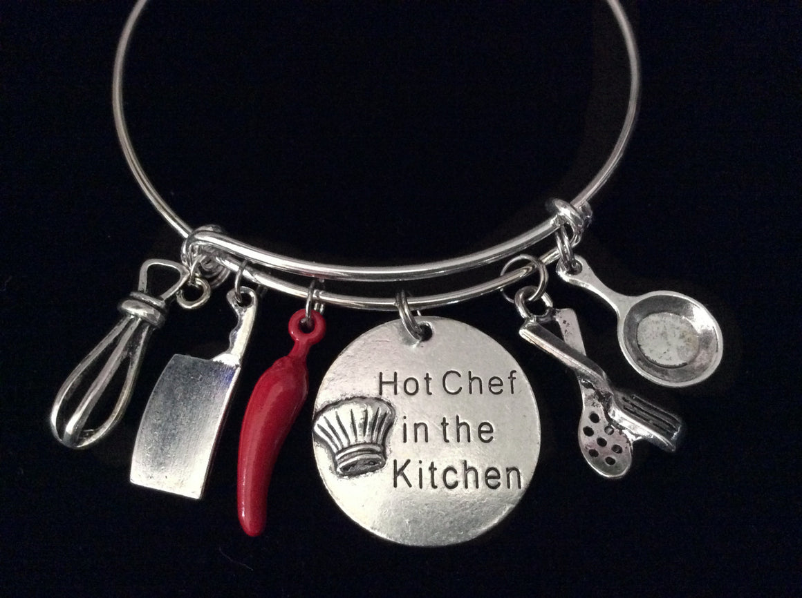 Chili Pepper Hot Chef in the Kitchen Silver Expandable Charm Bracelet Adjustable Bangle Hostess Cook Gift Cooking