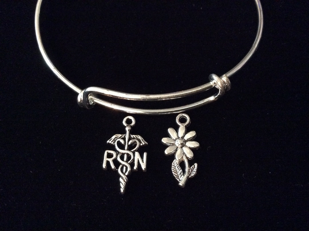 RN Registered Nurse Daisy Silver Expandable Charm Bracelet Adjustable Bangle Medical Gift