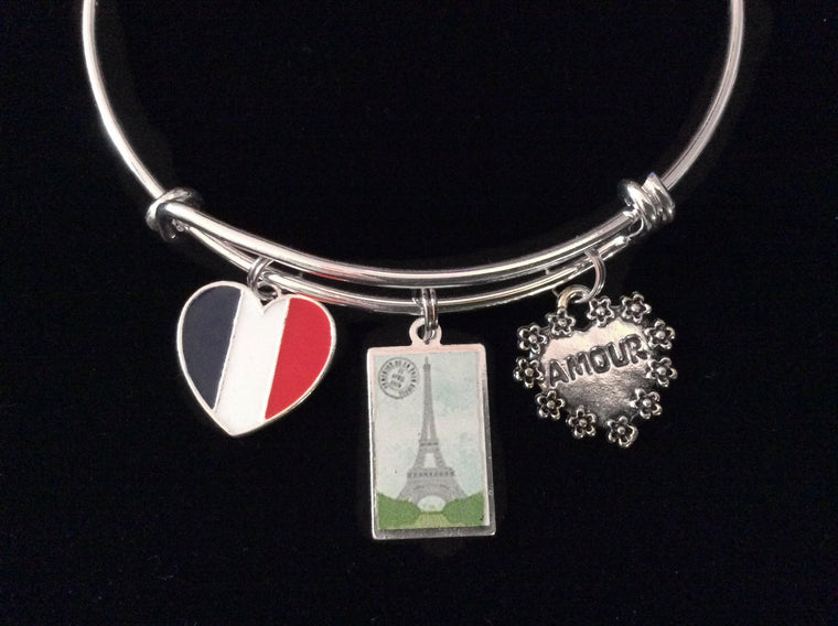 Paris Eiffel Tower Silver Expandable Charm Bracelet Adjustable Bangle Vacation Travel Gift French