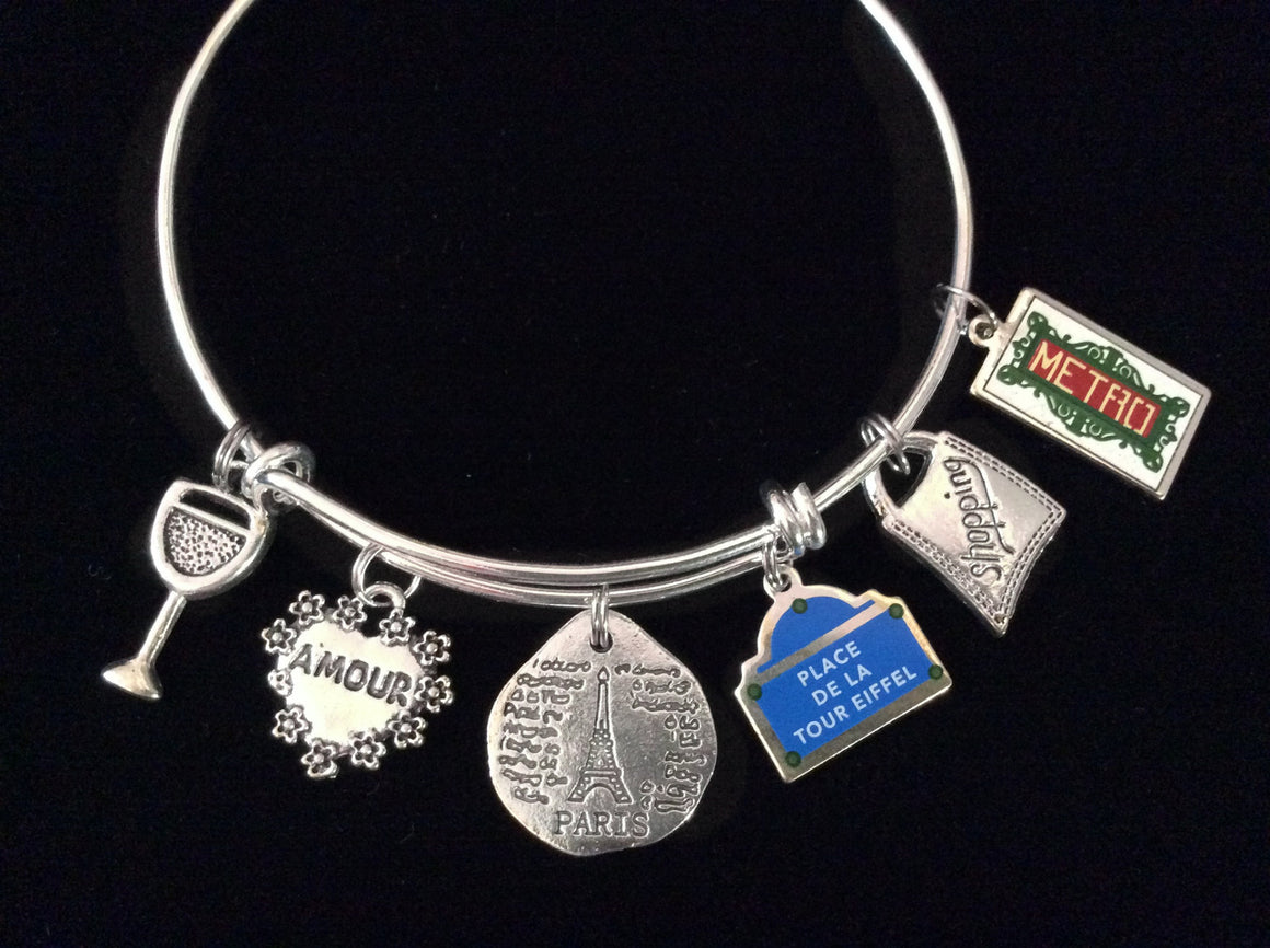 I Love Paris Eiffel Tower Wine Shopping Silver Expandable Charm Bracelet Adjustable Bangle Vacation Travel Gift French