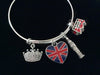 British Flag Big Ben Bus Crown Expandable Charm Bracelet Silver Wire Bangle