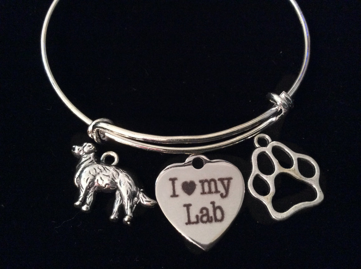 I Love My Lab Dog Silver Expandable Charm Bracelet Adjustable Wire Bangle Gift Paw Print