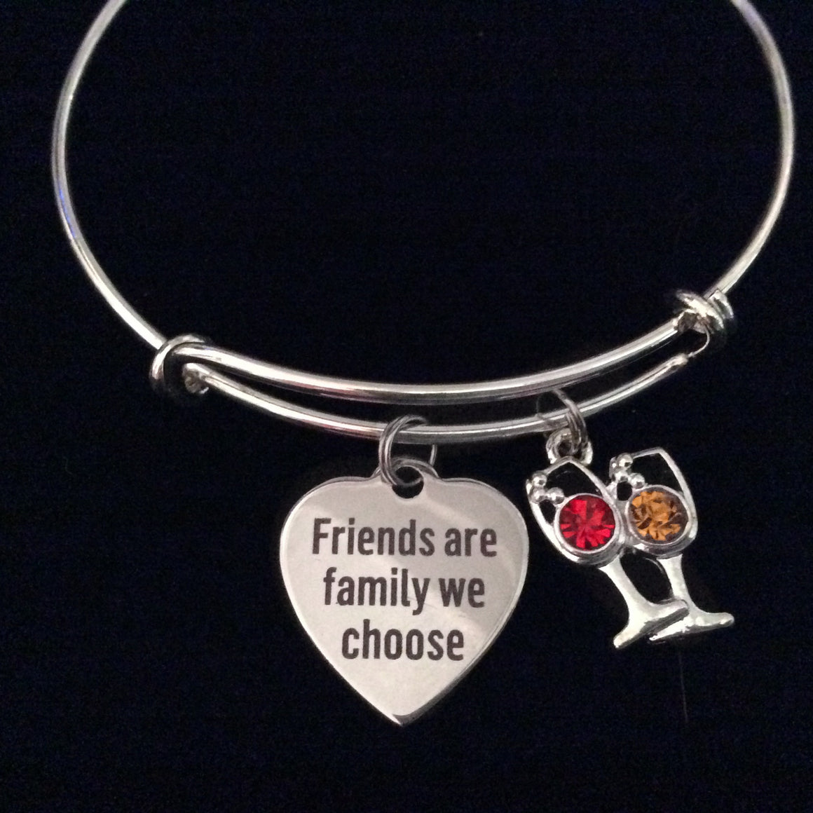 Friends are Family We Choose Silver Expandable Charm Bracelet Wine Glasses Adjustable Bangle BFF Gift