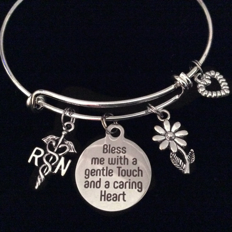 RN Bless Me with a Gentle Touch and Caring Heart Nurse Silver Expandable Charm Bracelet Medical Adjustable Bangle Gift