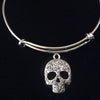 Sugar Skull Gothic Silver Expandable Charm Bracelet Halloween Costume Hostess Gift Adjustable Wire Trendy Stackable Bangle Goth