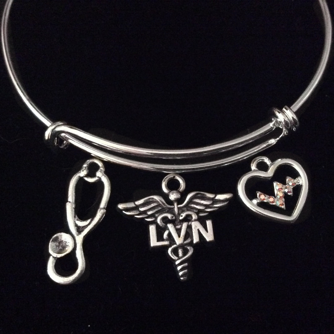 LVN Licensed Vocational Nurse Expandable Silver Charm Bracelet Bangle Medical Occupational Gift Trendy