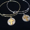 Two Tone Silver and Gold Cross Twisted Gold Matte Expandable Charm Bracelet Adjustable Bangle