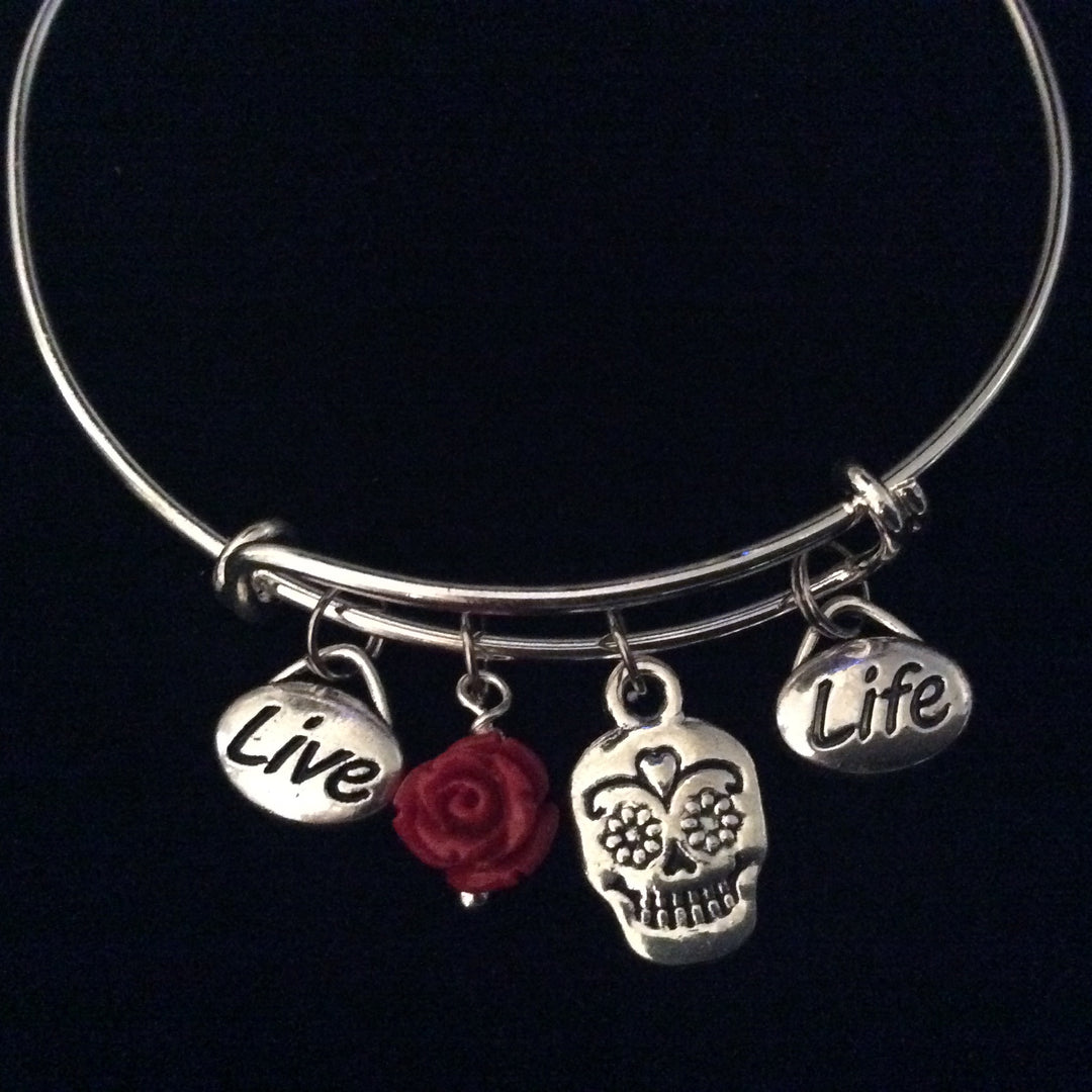 Sugar Skull Red Rose Live Life Silver Expandable Charm Bracelet Halloween Costume Hostess Gift 