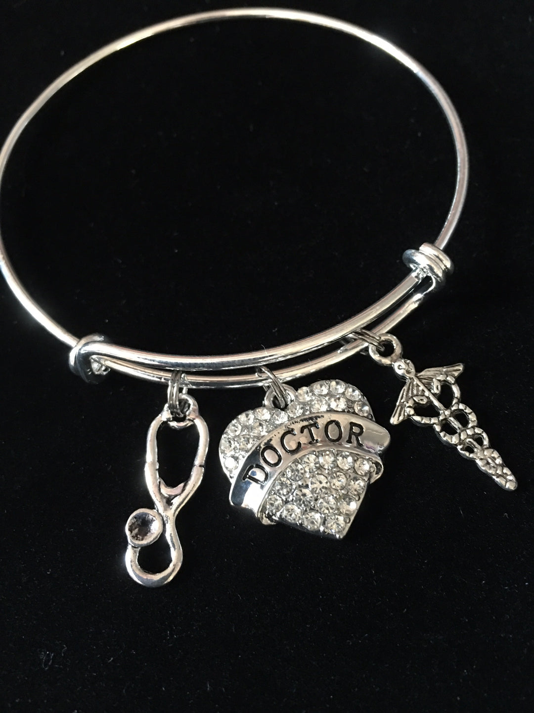 Doctor Heart with Caduceus Stethscope Silver Charm Bracelet Expandable Adjustable Bracelet