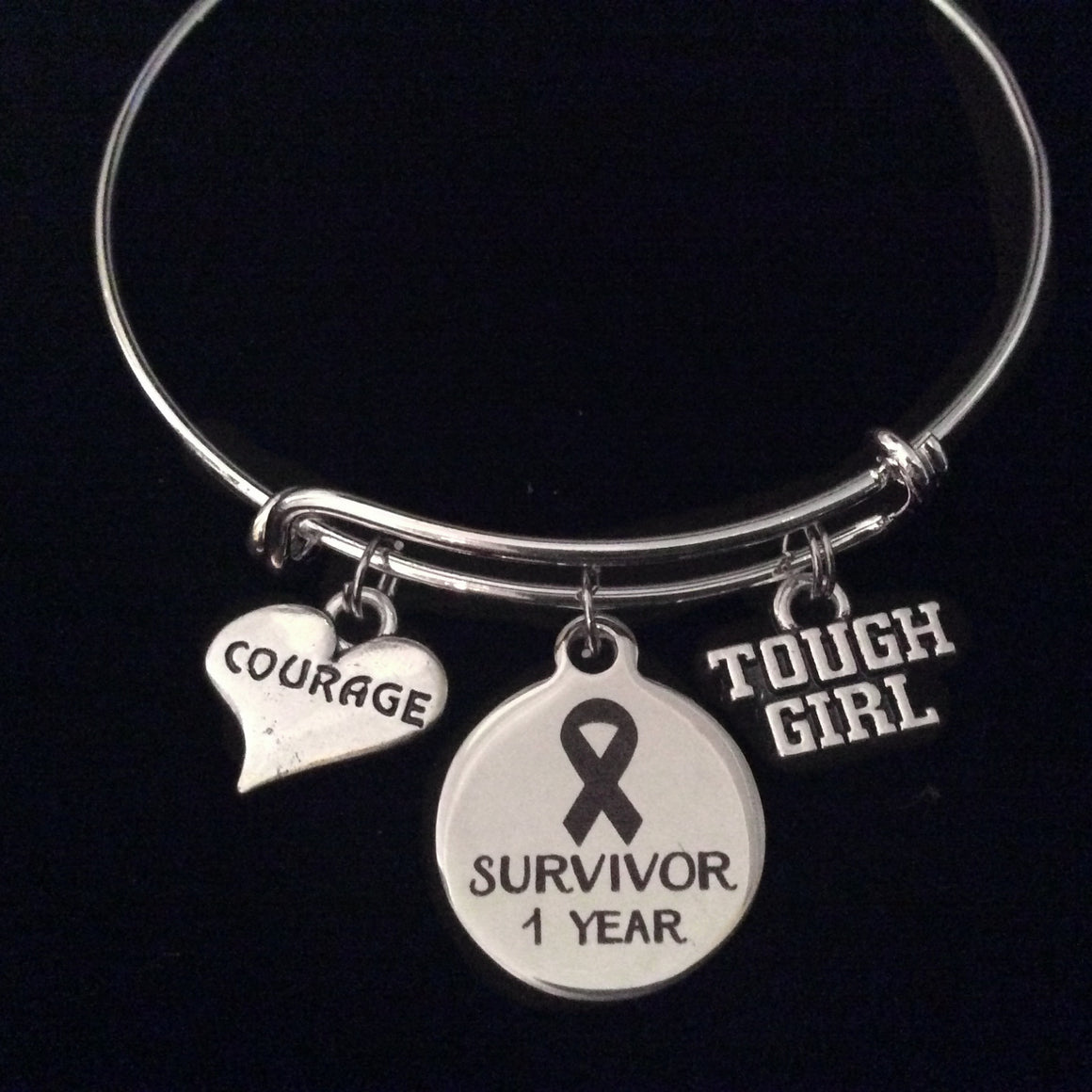 Cancer Survivor 1 Year Courage Tough Girl Expandable Silver Charm Bracelet Adjustable Bangle Gift