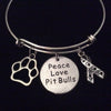 Rescue Peace Love Pit Bull Silver Expandable Charm Bracelet Silver Adjustable Bangle Awareness Gift Animal