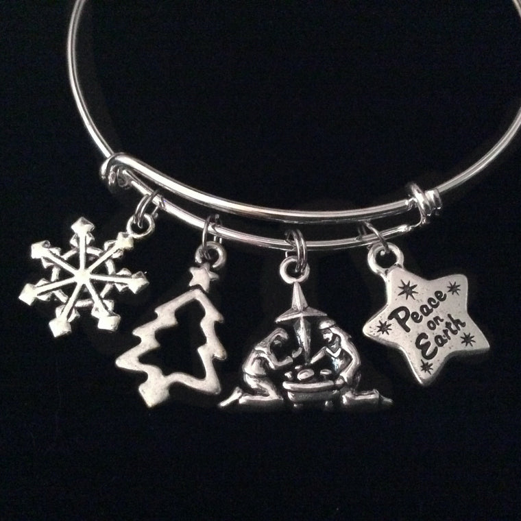 Peace on Earth Nativity Silver Expandable Charm Bracelet Christmas Adjustable Bangle Gift