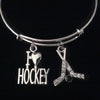 I Love Hockey Crystal Hockey Sticks Silver Expandable Charm Bracelet Adjustable Wire Bangle Sports Gift Unique Trendy Coach Team Gift