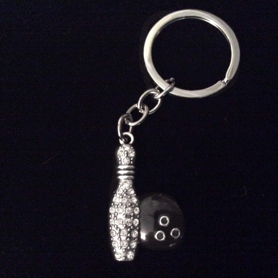 Crystal Bowling Ball and Pin Keychain Silver Key Ring Sports Team Gift