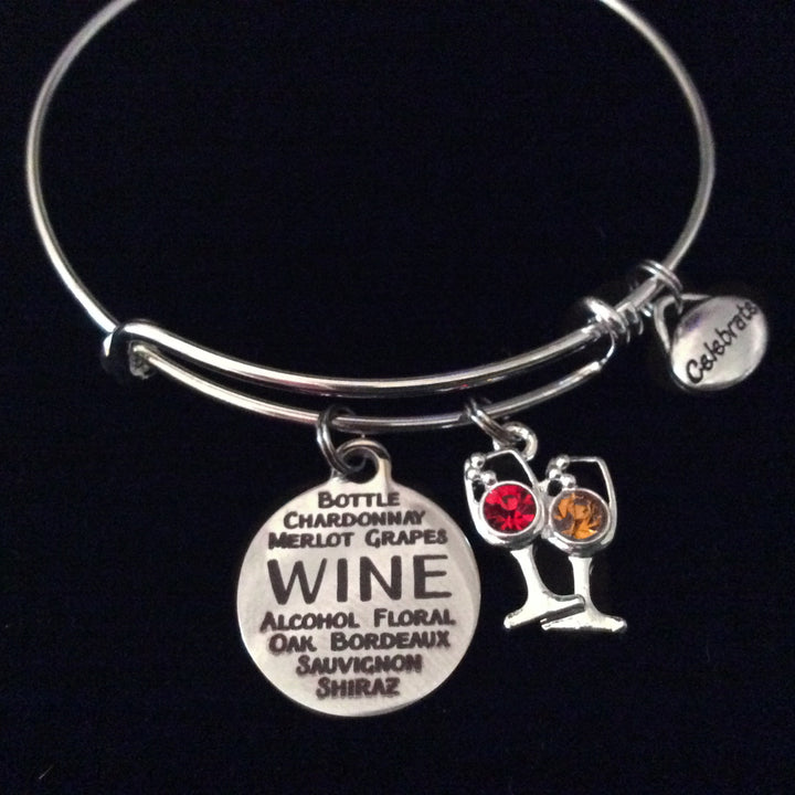 White and Red Wine Glass Silver Expandable Charm Bracelet Adjustable Wire Bangle Bracelet Wine Lovers Gift