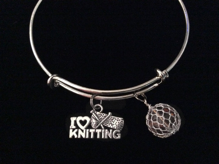 I Love Knitting Silver Charm Bracelet Expandable Adjustable Wire Bangle Trendy Knitted Ball of Yarn Amber Stacking Gift