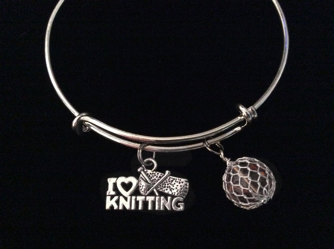 I Love Knitting Silver Charm Bracelet Expandable Adjustable Wire Bangle Trendy Knitted Ball of Yarn Amber Stacking Gift