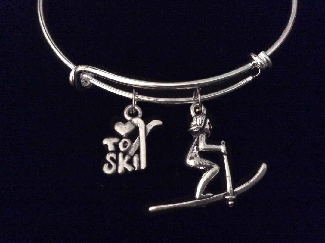 Love to Ski Expandable Charm Bracelet Silver Adjustable Bangle Skier Gift