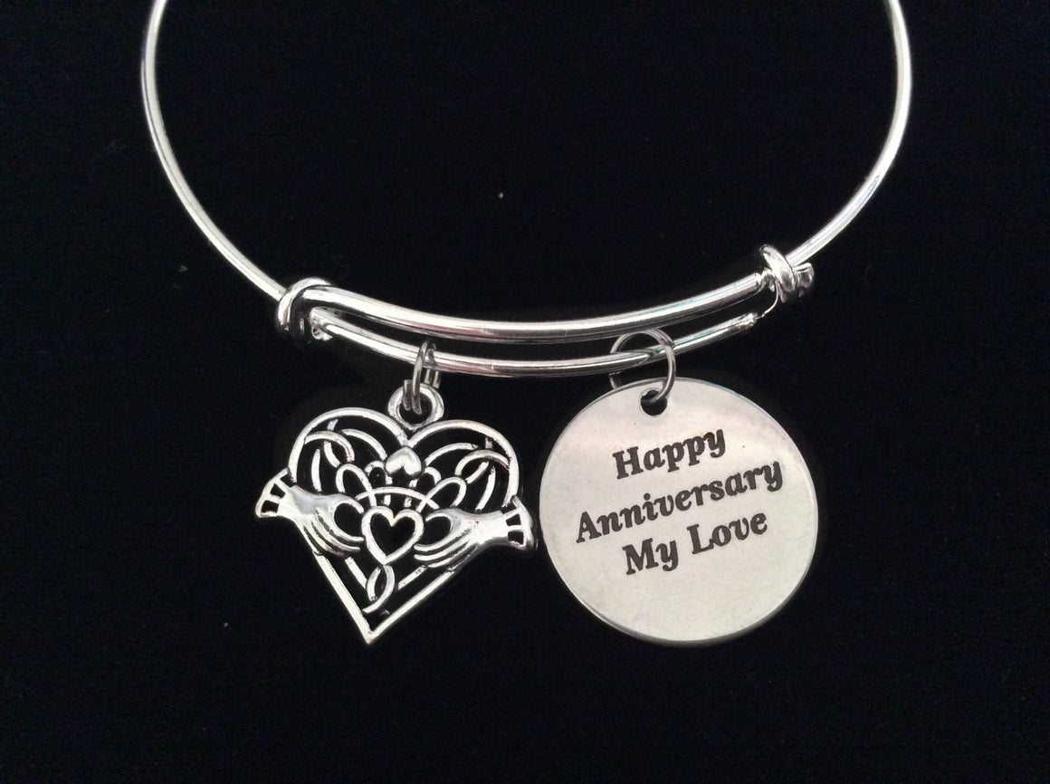 Happy Anniversary My Love Celtic Heart Claddagh Expandable Charm Bracelet Adjustable Silver Bangle Wedding Anniversary Gift