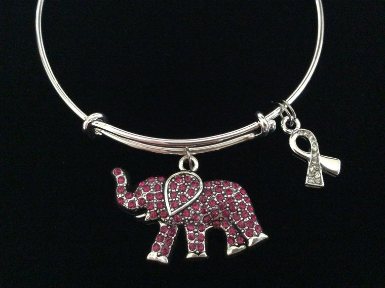 Pink Elephant Representing Strength Awareness Ribbon Expandable Charm Bracelet Adjustable Silver Bangle Gift