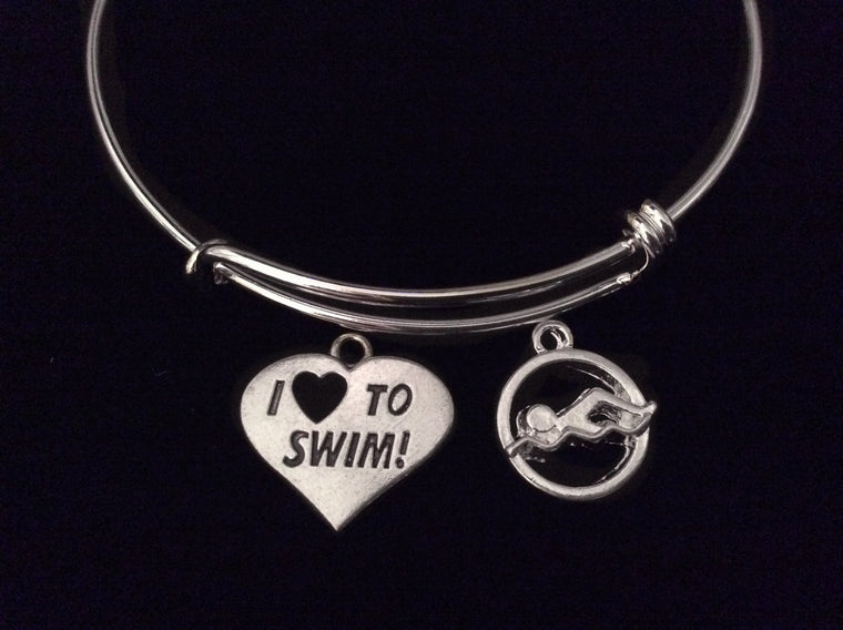 I Love to Swim Silver Expandable Charm Bracelet Swimming Sports Team Coach Gift Adjustable Bangle