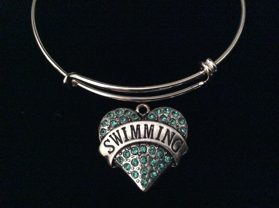 Blue Swimming Rhinestone Heart Silver Expandable Charm Bracelet Swimming Sports Team Coach Gift Adjustable Bangle