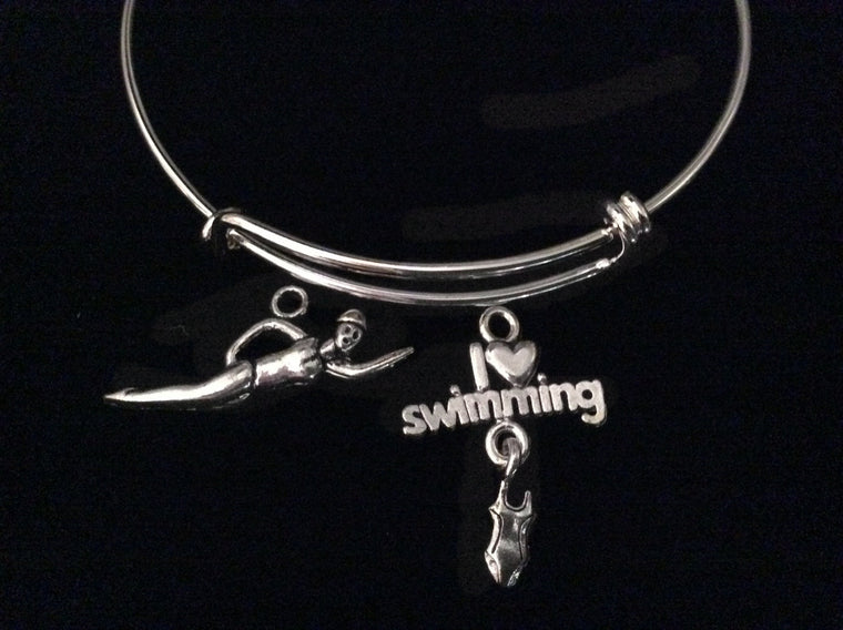 Swim Bracelet Silver Expandable Charm Bangle Love Swimming Sports Team Coach Gift Adjustable