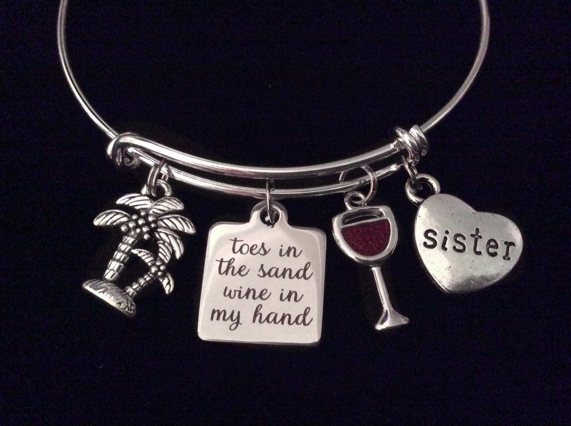 Sister Toes in the Sand Wine in my Hand Expandable Silver Charm Bracelet Ocean Nautical Adjustable Wire Bangle Gift