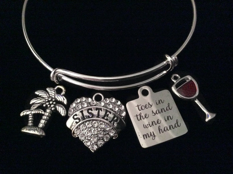 Toes in the Sand Wine in my Hand Sister Expandable Silver Charm Bracelet Adjustable Wire Bangle Gift Ocean Nautical