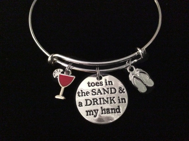 Toes In the Sand Drink in My Hand Expandable Charm Bracelet Adjustable Silver Bangle Gift