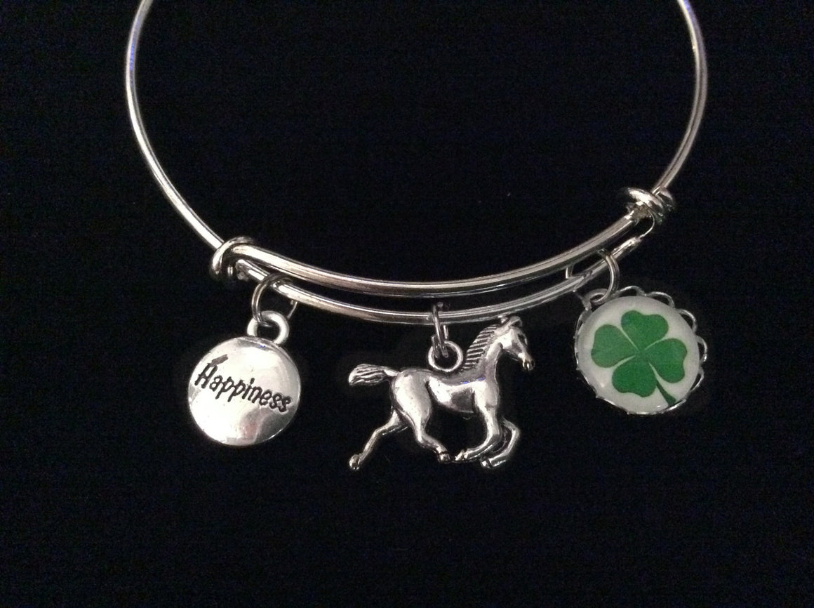 Happiness is Riding a Horse Expandable Charm Bracelet Adjustable Silver Bangle Gift