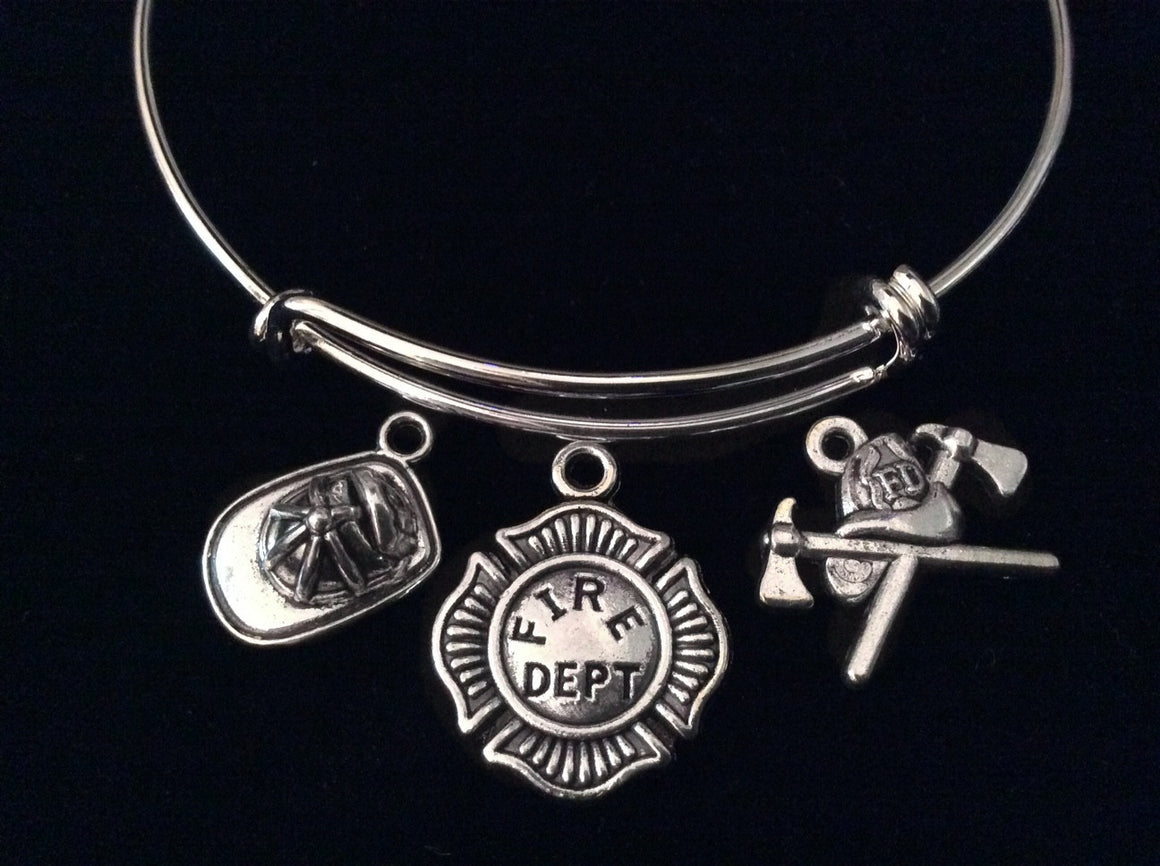 Fire Fighter Badge Helmet Expandable Charm Bracelet Silver Adjustable Wire Bangle Fireman Wife Gift