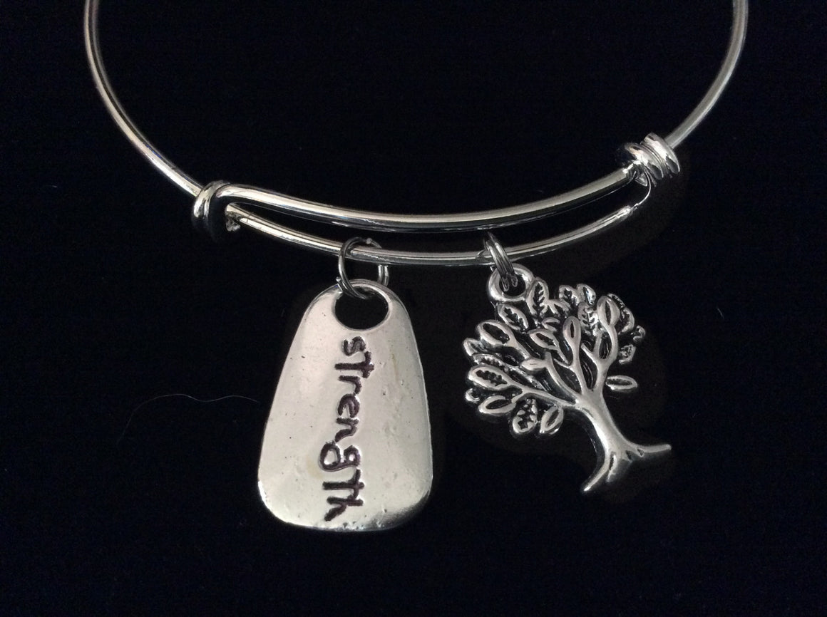 Strength Stamped Charm Tree of Life on a Silver Expandable Wire Bangle Bracelet Meaningful Gift Adjustable 